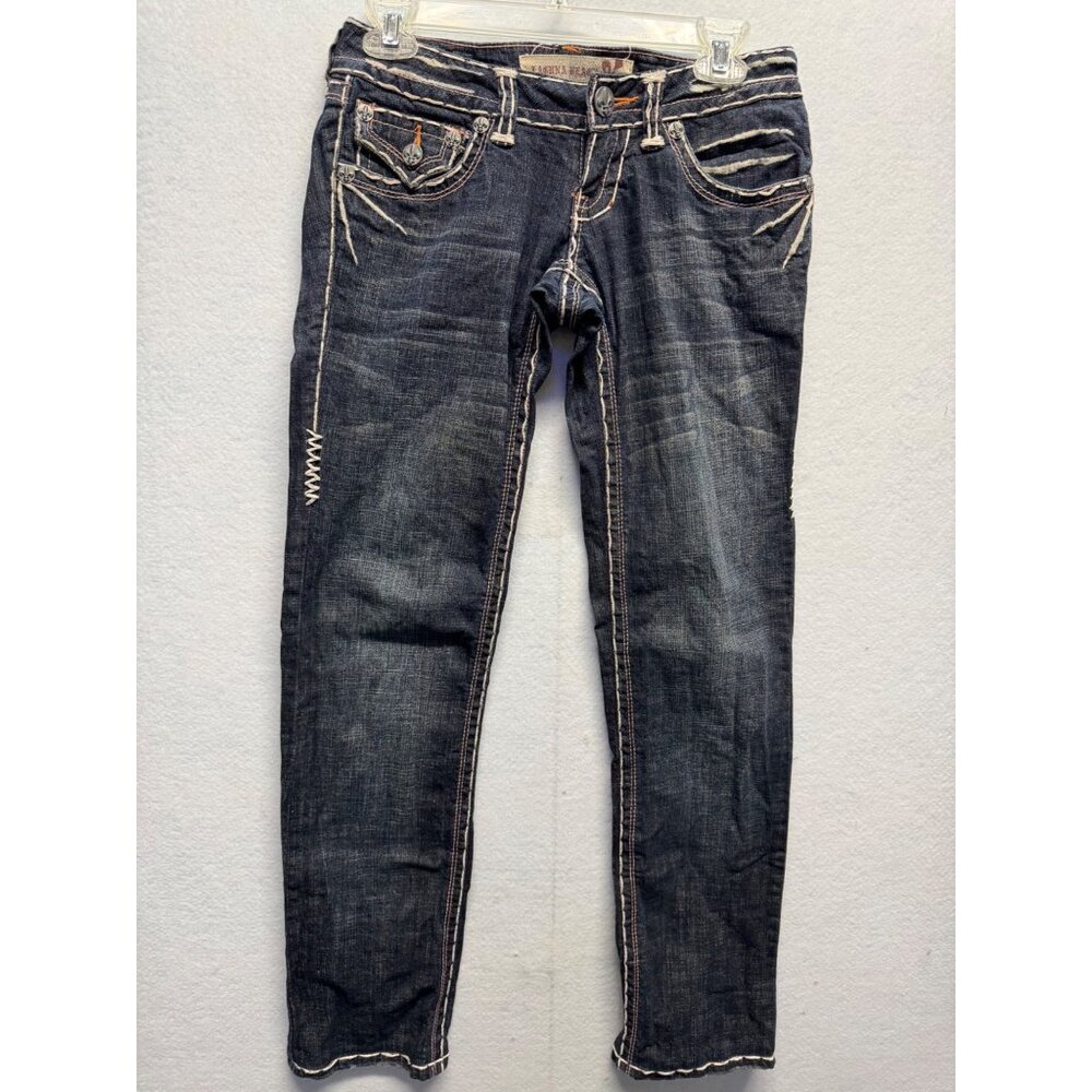 Laguna Beach Jean Co. Fleur De Lis Button Distressed Dark Wash Denim Jeans 27